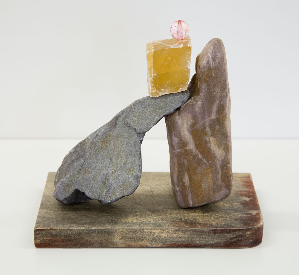 Mineral Spar Tower IV, siltstone, orange calcite, plastic, wood